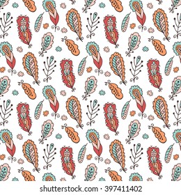 Cute colorful feather pattern. Hand drawn background.