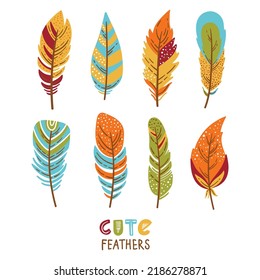 Cute colorful feathers icons vector set