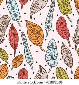 Cute colorful feathers. Seamless pattern.