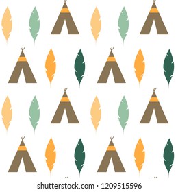 cute colorful feathers and teepee ethnic tribal seamless vector pattern background illustration