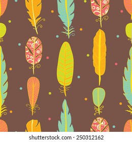 Cute colorful feathers. Vector seamless pattern. Seamless pattern can be used for wallpaper, pattern fills, web page background, surface textures.