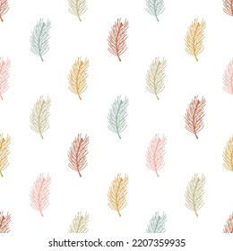 Cute colorful fir tree twigs seamless vector pattern. Vintage hand drawn floral background for kids room decor, nursery art, card, gift, fabric, textile, wrapping paper, wallpaper, packaging, apparel.