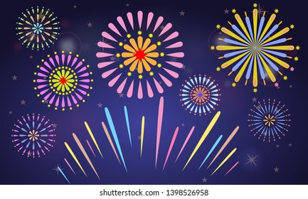 Cute Colorful fireworks with solid and flat color style. Vector illustration.