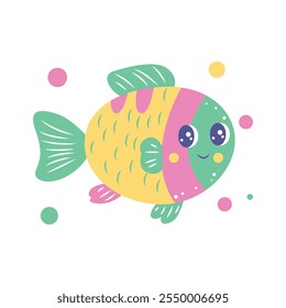 Cute Colorful Fish Cartoon Character Swimming in the Sea with Smiling Expression