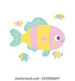 Cute Colorful Fish Cartoon Character Swimming in the Sea with Smiling Expression