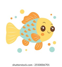 Cute Colorful Fish Cartoon Character Swimming in the Sea with Smiling Expression