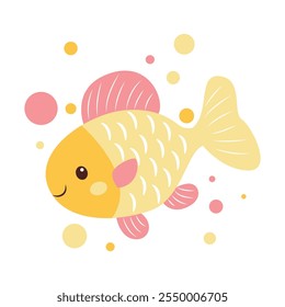 Cute Colorful Fish Cartoon Character Swimming in the Sea with Smiling Expression