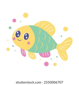 Cute Colorful Fish Cartoon Character Swimming in the Sea with Smiling Expression