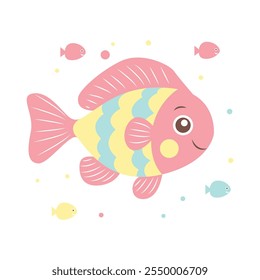 Cute Colorful Fish Cartoon Character Swimming in the Sea with Smiling Expression