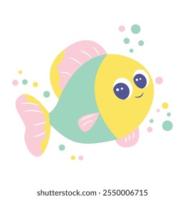 Cute Colorful Fish Cartoon Character Swimming in the Sea with Smiling Expression