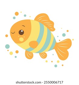 Cute Colorful Fish Cartoon Character Swimming in the Sea with Smiling Expression