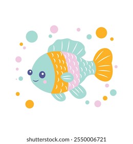 Cute Colorful Fish Cartoon Character Swimming in the Sea with Smiling Expression