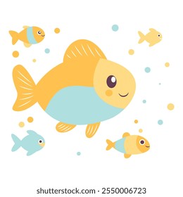 Cute Colorful Fish Cartoon Character Swimming in the Sea with Smiling Expression