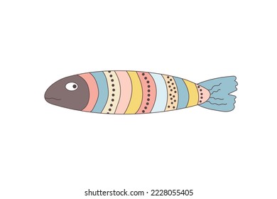 Cute colorful fish hand-drawn isolated on white background. Doodles. Folklore style. Suitable for textiles, children's clothing, wallpaper, packaging, wrapping paper. Simple flat vector illustration