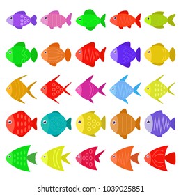 Cute colorful fish icons set in flat style. Tropical fish, sea and aquarium fish set isolated on white background. Vector illustration