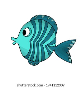 Cute colorful fish isolated on white background. Vector cartoon animals illustration. Hand drawing adorable character for cards, wallpaper, textile, fabric. Flat style. Decorative template icon.