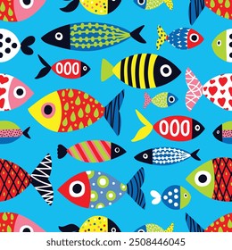 Cute colorful fish. Kids background. Seamless pattern. Can be used in textile industry, paper, background, scrapbooking.