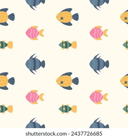  Cute colorful fish seamless pattern. Marine and ocean fauna. Sea bottom