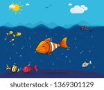 cute colorful fish underwater in the sea, clown fish, goldfish, striped, girls and boys, blue water, blue sky, sun, clouds and birds, silhouettes of mountains