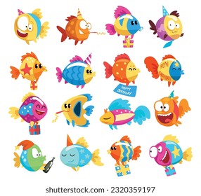 Cute colorful fishes in party hats with gifts. Funny sea animals celebrating birthday cartoon vector