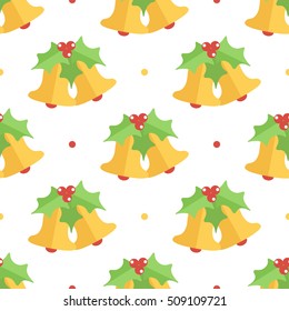 Cute colorful flat design christmas bell and mistletoe seamless pattern background.
