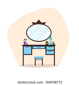 Cute colorful flat dressing tables with girl's things, mirror, perfume, lipstick, cosmetic. Isolated interior objects for dressing woman room. Furniture for feminine boudoir vector illustration