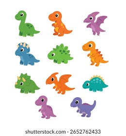 Cute and colorful flat illustration of baby dinosaurs in playful poses. Perfect for kids’ products, nursery decor, cartoon designs, and educational materials.