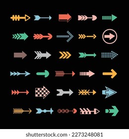Cute colorful flat retro assorted direction arrows icons set on black background