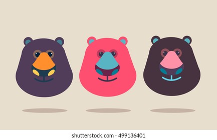 Cute colorful flat style bears. Icon, print, banner