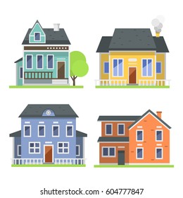 Cute colorful flat style house village symbol real estate cottage and home design residential colorful building construction vector illustration.