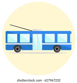 Cute colorful flat trolley bus icon, cartoon ecological public city transport symbol, blue trolley