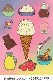 A cute and colorful flat vector illustration of an ice cream making kit