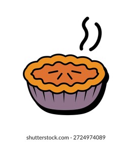 A cute and colorful flat vector illustration of a freshly baked whole pie. This cartoon-style design features a golden-orange crust with steam rising, set in a purple pie dish with bold black outlines. Perfect for bakery stickers, food app icons, menu graphics, children's educational materials, and National Pie Day branding. Isolated on a white background.