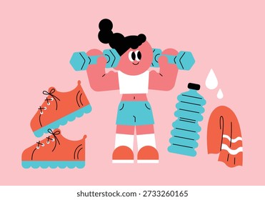 Ilustración vectorial plana linda y colorida de una niña con el pelo negro levantando alegremente pesas azules rodeadas de equipo de entrenamiento esencial, como zapatillas naranjas, una botella de agua y una toalla que simbolizan un estilo de vida saludable, rutina diaria de ejercicios y entrenamiento de fuerza para proyectos de diseño comercial y marketing de bienestar.