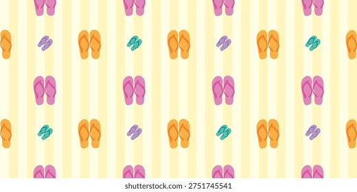 Cute colorful flip flops seamless pattern vector design for beach towels. Striped summer vacation pattern with slippers, sandals, and pool shoes. Vector flat illustration isolated on a pastel yellow background.
