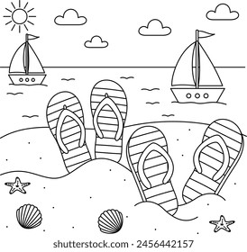 Cute colorful flip-flop scattered on sandy shores cartoon coloring page vector illustration. Summer coloring page for kids