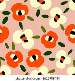 Cute  colorful floral  pattern with abstract flowers on the pink background. In Scandinavian style. For textiles, wallpapers, designer paper, etc