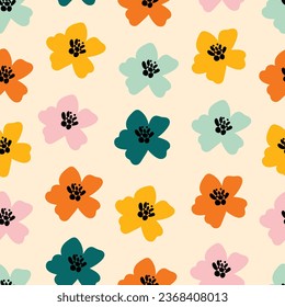 Cute colorful floral print. Simple seamless pattern with flowers. Botanical fun background. Summer floral art. Hand drawn naive bud. Kids's designe for dresses, pajamas, T-shirt.