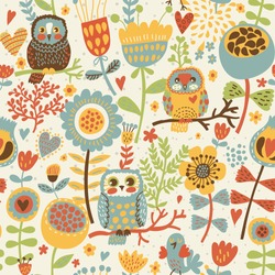 Cute Colorful Floral Seamless Pattern With Owl And Bird