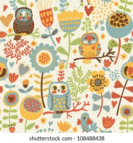 Cute colorful floral seamless pattern and owl   bird