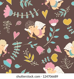 Cute colorful floral seamless pattern with hearts and cupid