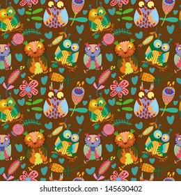 Cute colorful floral seamless pattern with owl
