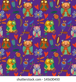 Cute colorful floral seamless pattern with owl