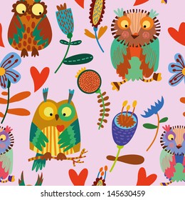 Cute colorful floral seamless pattern with owl