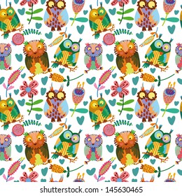 Cute colorful floral seamless pattern with owl