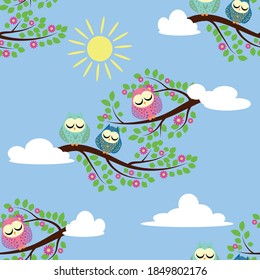 Cute colorful floral seamless pattern with owl and bird.
