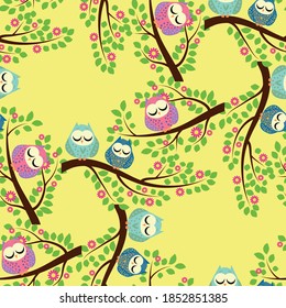 Cute colorful floral seamless pattern with owl and bird.