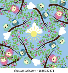 Cute colorful floral seamless pattern with owl and bird.