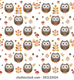Cute colorful floral seamless pattern with owl and bird