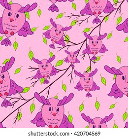 Cute colorful floral seamless pattern with owl and leaves